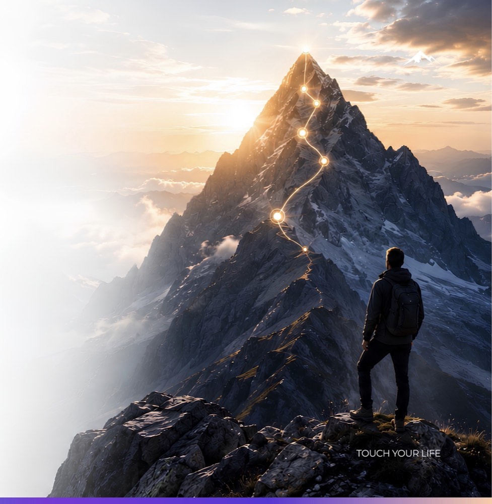 Persona escalando una cumbre al amanecer